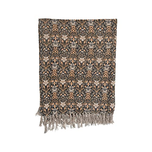 Creative Co-Op Cotton Slub Floral Pattern and Fringe Blanket Throw, Single, Black/Orange