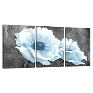 canvas wall art for bedroom living room blue white flowers gray background picture prints framed wall decor artwork modern bathroom office wall decorations size 12×16 in x3 piece ready to hang