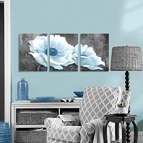 Canvas Wall Art for Bedroom Living Room Blue White Flowers Gray Background Picture Prints Framed Wall Decor Artwork Modern Bathroom Office Wall Decorations Size 12x16 in x3 Piece Ready to Hang