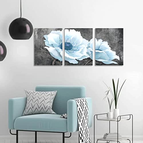 Canvas Wall Art for Bedroom Living Room Blue White Flowers Gray Background Picture Prints Framed Wall Decor Artwork Modern Bathroom Office Wall Decorations Size 12x16 in x3 Piece Ready to Hang