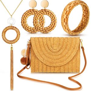 Junkin 5 Pieces Straw Shoulder Crossbody Bag, Long Necklace and Rattan Earrings and Rattan Wicker Bracelet Casual Beach Clutch Handmade Bag Tassel Necklace for Women Purse Wallet (Simple Style)