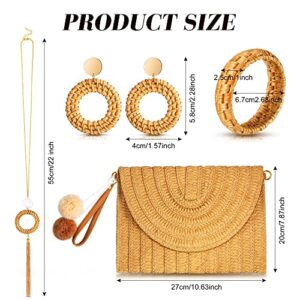 Junkin 5 Pieces Straw Shoulder Crossbody Bag, Long Necklace and Rattan Earrings and Rattan Wicker Bracelet Casual Beach Clutch Handmade Bag Tassel Necklace for Women Purse Wallet (Simple Style)