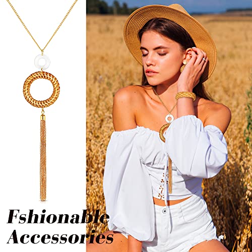 Junkin 5 Pieces Straw Shoulder Crossbody Bag, Long Necklace and Rattan Earrings and Rattan Wicker Bracelet Casual Beach Clutch Handmade Bag Tassel Necklace for Women Purse Wallet (Simple Style)