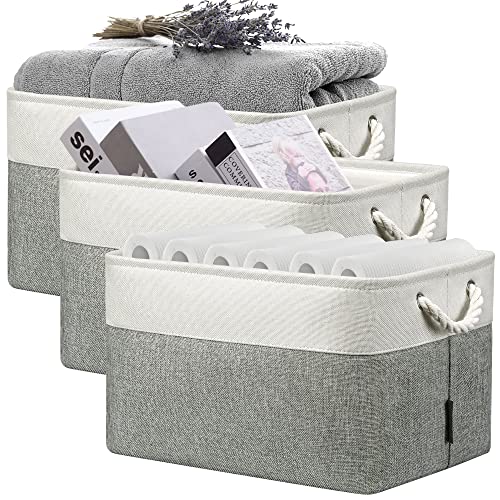 KITCSTI Storage Baskets for Organizing, Large Rectangular Storage Bin, Fabric Folding Organizer for Closet, Toys, Clothes, Home, Office, 16.5x11.8x10.2 Inches (White & Grey, Pack of 3)