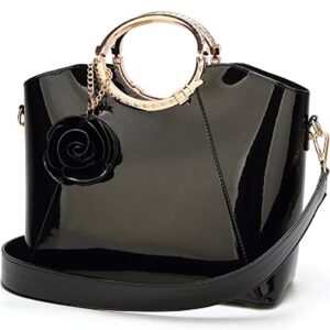 xingchen glossy faux patent leather shoulder handbag women evening party satchel flower pendant top handle tote purses black