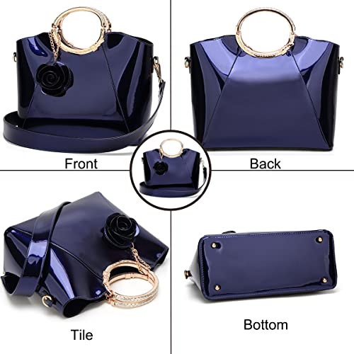 XingChen Glossy Faux Patent Leather Shoulder Handbag Women Evening Party Satchel Flower Pendant Top Handle Tote Purses Black