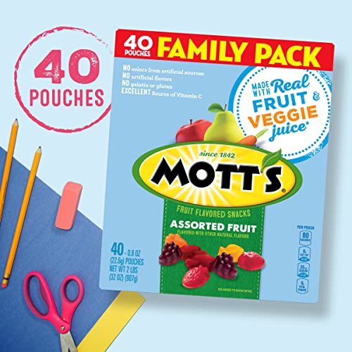 Mott's Fruit Flavored Snacks, Assorted Fruit, Pouches, 0.8 oz, 40 ct