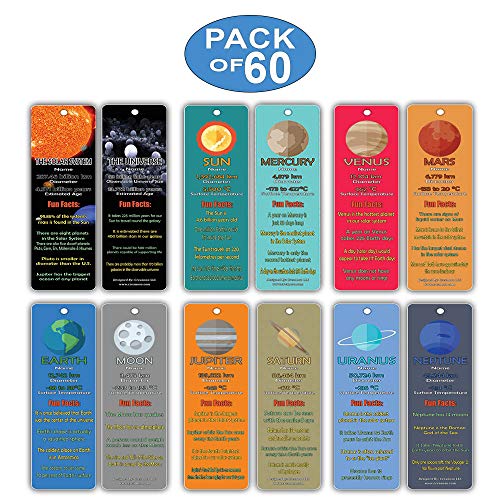 Outer Space Planets Universe Fun Facts Bookmark Cards (60-Pack)- Astronomy Sun Venus Mars Earth Moon Jupiter Saturn Uranus Neptune - Astrophysics Party Favors - Teacher Classroom Incentive Giveaways