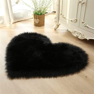 heart rugs for home decor, heart shaped faux fur rug, faux sheepskin rug, black shag fluffy area rugs, accent carpets for bedroom living room, love coquette room decoration 2 x 3 feet plush mat