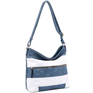 adjustable strap soft vegan leather front pocket large hobo handbag crossbody purse (stripe – blue/white)