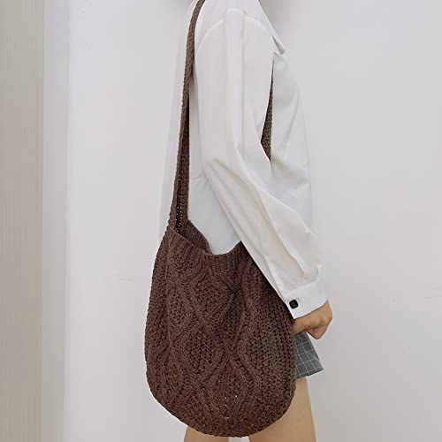 JQWYGB Women's Shoulder Handbag - Crochet Purse Beach Bag Cute Knit Tote Bags Aesthetic Boho Bag for Vacation Travel (Coffee)