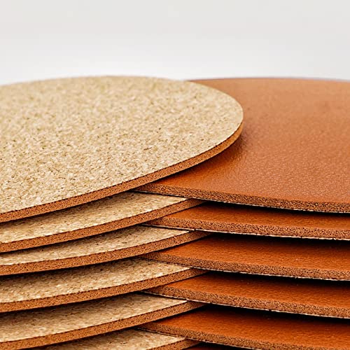 Fuceury 20 Pcs Drink Coasters, 4 Inches Brown Coasters for Drink with Leather and Cork Backing, Suitable for Kinds of Cups, Tables and Laser Engraving