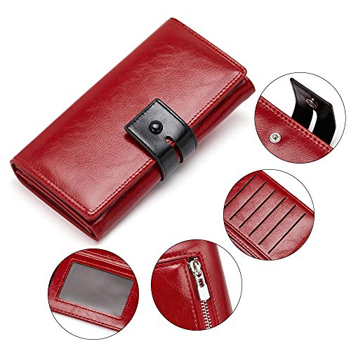 Botimmy Retro Womens Wallet Large Capacity Vegan Leather Wallet for Women Bifold Zipper Wallet with id Window-Red