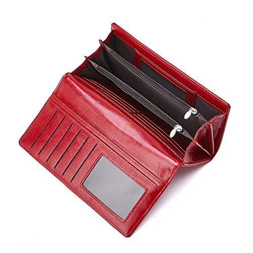 Botimmy Retro Womens Wallet Large Capacity Vegan Leather Wallet for Women Bifold Zipper Wallet with id Window-Red