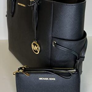 Michael Kors MICHAEL Michel Kors Gilly Large Drawstring Travel Tote bundled with Double Zip Wristlet Purse Hook (Black)