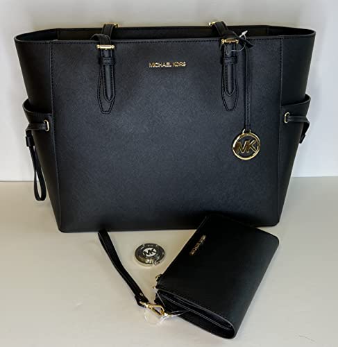 Michael Kors MICHAEL Michel Kors Gilly Large Drawstring Travel Tote bundled with Double Zip Wristlet Purse Hook (Black)