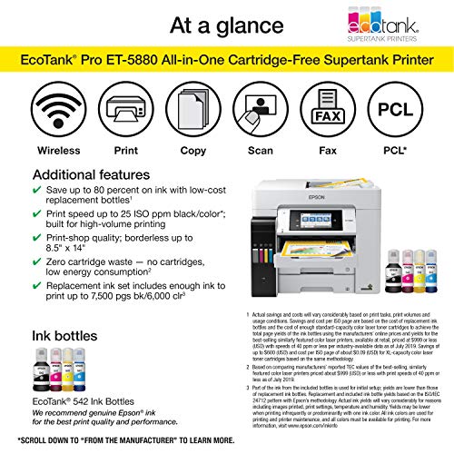 Epson EcoTank Pro ET-5880 Wireless Color All-in-One Supertank Printer with Scanner, Copier, Fax, Ethernet and PCL/Postscript, White