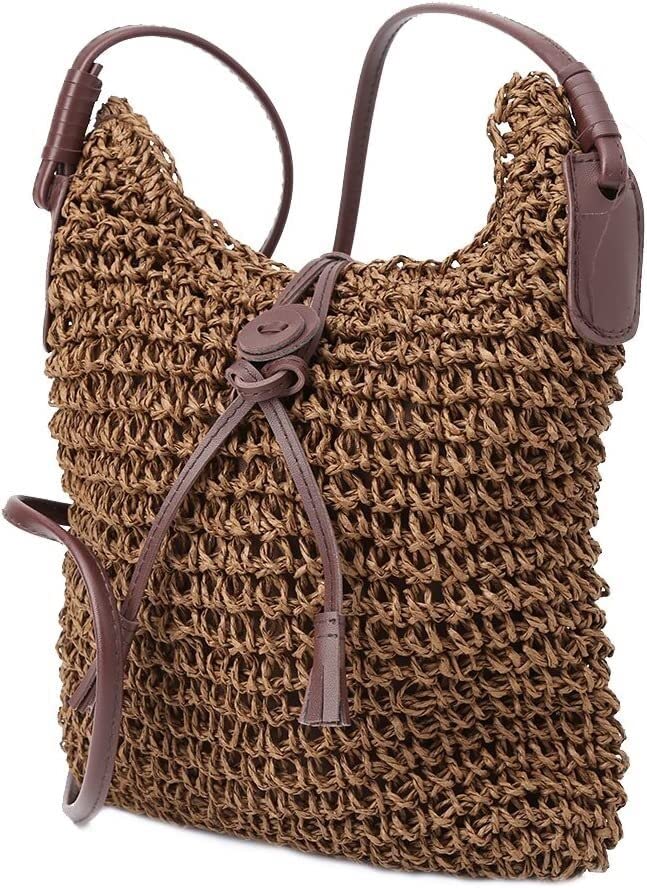 Beach Bag Straw Bags Hand-Woven Straw Bag, Women Handbag Shoulder Bag Straw Weave Tote Purse Lady Beach Hobo Bag Crossbody Coffee