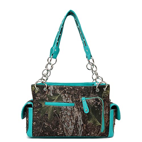 Cowgirl Trendy Camouflage Dual Pistol Western Studs Handbag Concealed Carry Purse Country Women Shoulder Bag Wallet Set (Turquoise Set)