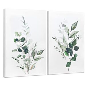 artbyhannah canvas wall art, framed watercolor plant prints decor with green botanical eucalyptus leaf for home bedroom decoration, 2 panels 16×24 inch