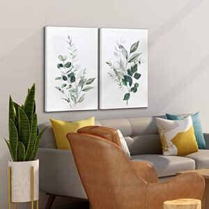 ArtbyHannah Canvas Wall Art, Framed Watercolor Plant Prints Decor with Green Botanical Eucalyptus Leaf for Home Bedroom Decoration, 2 Panels 16x24 Inch