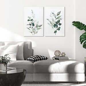 ArtbyHannah Canvas Wall Art, Framed Watercolor Plant Prints Decor with Green Botanical Eucalyptus Leaf for Home Bedroom Decoration, 2 Panels 16x24 Inch