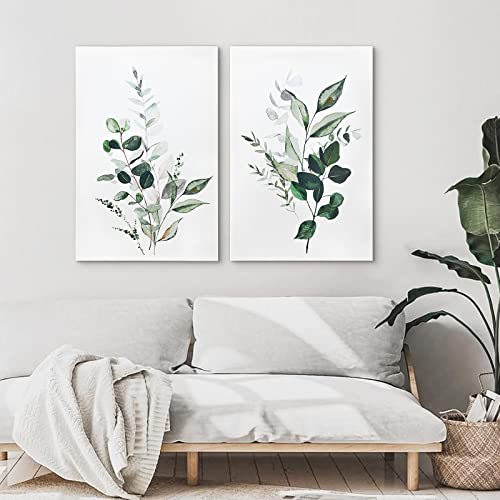 ArtbyHannah Canvas Wall Art, Framed Watercolor Plant Prints Decor with Green Botanical Eucalyptus Leaf for Home Bedroom Decoration, 2 Panels 16x24 Inch