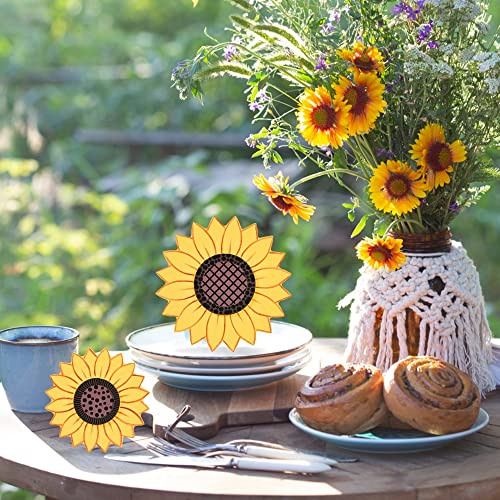 MEKOUZON Wood Sunflower Decor, Rustic Figurines Statue Ornaments for Thanksgiving, Set of 2 Wooden Blocks Farmhouse Desk Decorations for Tiered Tray, Shelf, Tabletop Fireplace
