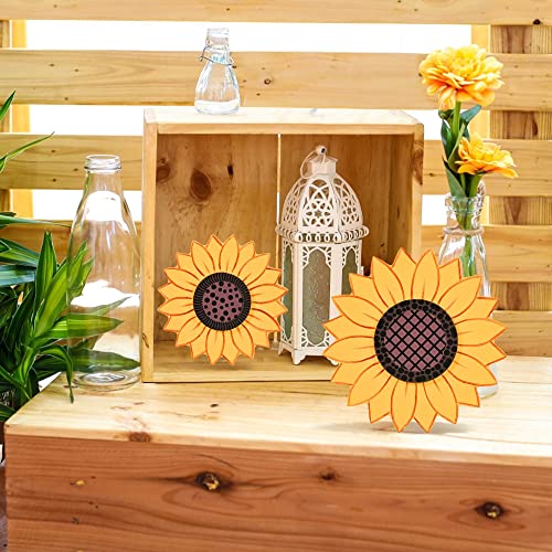 MEKOUZON Wood Sunflower Decor, Rustic Figurines Statue Ornaments for Thanksgiving, Set of 2 Wooden Blocks Farmhouse Desk Decorations for Tiered Tray, Shelf, Tabletop Fireplace