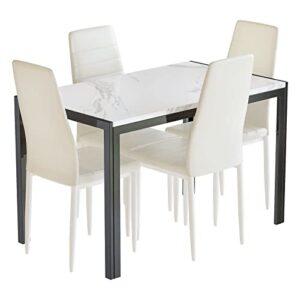awqm marble dining table set for 4, rectangular faux marble table and 4 pu leather chairs, 5 pieces kitchen table set,ideal for living room, dining room,breakfast nook, white&beige