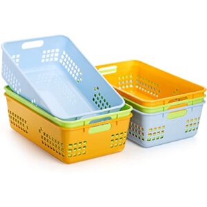 jucoan 6 pack plastic storage basket, 12 x 7.5 x 4 inch large colorful classroom organizer bin, shelf drawer organizer tray with handle for school, classroom, desktop, drawer, closet, office, 3 colors