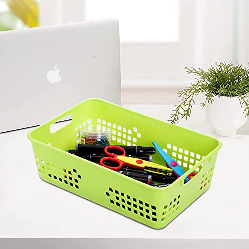 Jucoan 6 Pack Plastic Storage Basket, 12 x 7.5 x 4 Inch Large Colorful Classroom Organizer Bin, Shelf Drawer Organizer Tray with Handle for School, Classroom, Desktop, Drawer, Closet, Office, 3 Colors