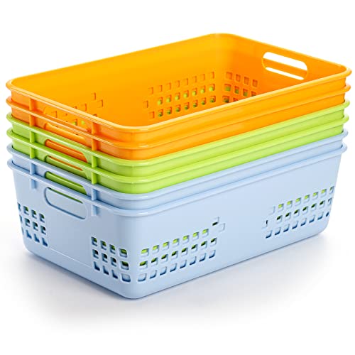 Jucoan 6 Pack Plastic Storage Basket, 12 x 7.5 x 4 Inch Large Colorful Classroom Organizer Bin, Shelf Drawer Organizer Tray with Handle for School, Classroom, Desktop, Drawer, Closet, Office, 3 Colors