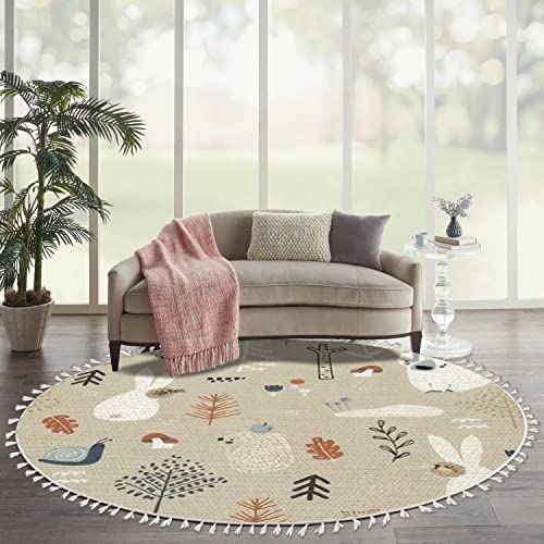 Round Rugs Childish Woodland Bunny Bears Snail Hedgehog Creative Kids Boho Area Rug Linen and Cotton Carpet Meditation Rug Washable Hallway Runner Mat Accent Rug for Bedroom Bathroom 6ft