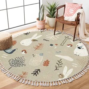 Round Rugs Childish Woodland Bunny Bears Snail Hedgehog Creative Kids Boho Area Rug Linen and Cotton Carpet Meditation Rug Washable Hallway Runner Mat Accent Rug for Bedroom Bathroom 6ft