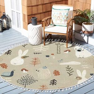 Round Rugs Childish Woodland Bunny Bears Snail Hedgehog Creative Kids Boho Area Rug Linen and Cotton Carpet Meditation Rug Washable Hallway Runner Mat Accent Rug for Bedroom Bathroom 6ft