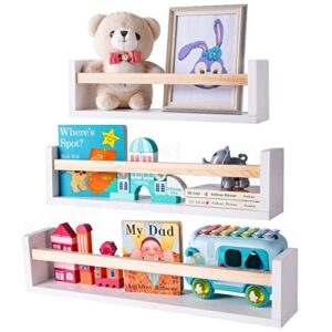 sonnet designs floating nursery book shelves for wall 3 pack white nursery wall mount bookshelf for kids room toddlers toys wood book shelf usable in home, kitchen, bathroom, floating wall ledge