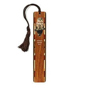 northern spotted owl, colorful (double sided) wooden bookmark with tassel – made in usa – also available personalized