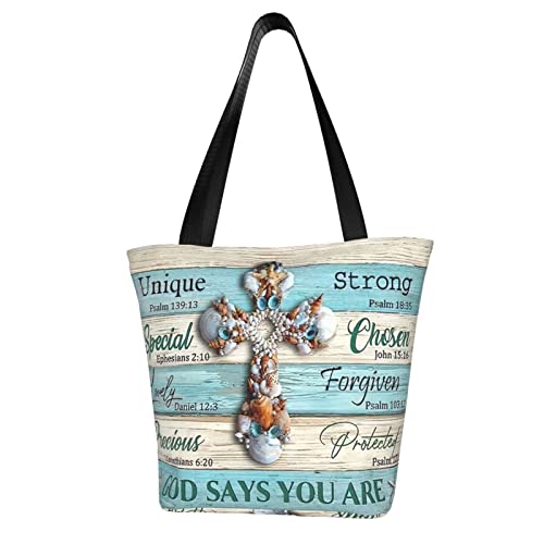 Tote Bag for Women Cutie Seashell Cross God Says You Are Shoulder Handbag Shopping Bags for Work Travel Business Beach School