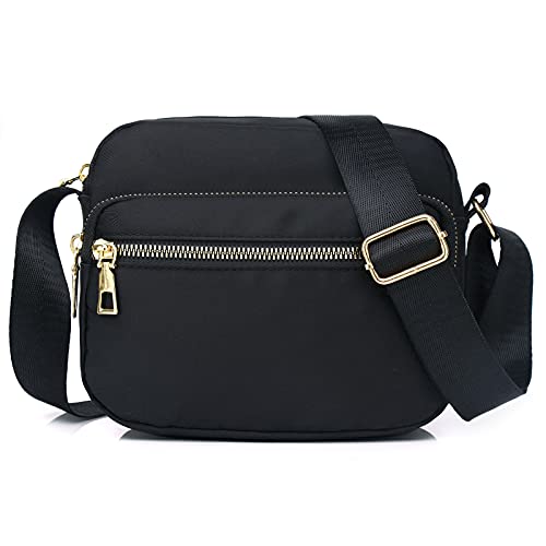 SEINPURE Women Nylon Crossbody Bag Waterproof Multi Pockets Shoulder Handbags Small Lightweight Travel Purse Adjustable Strap (Black)