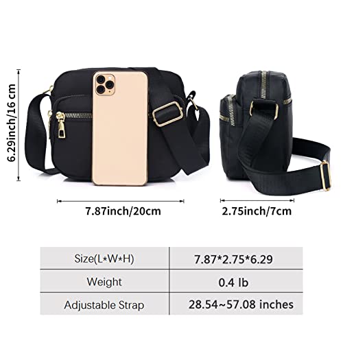 SEINPURE Women Nylon Crossbody Bag Waterproof Multi Pockets Shoulder Handbags Small Lightweight Travel Purse Adjustable Strap (Black)