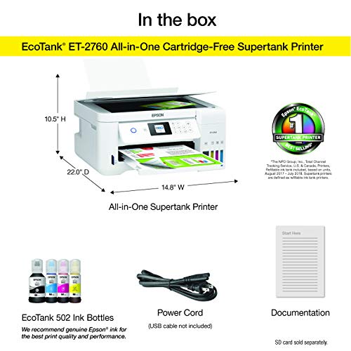 Epson EcoTank ET-2760 Wireless Color All-in-One Cartridge-Free Supertank Printer with Scanner and Copier. Full 1-Year Limited Warranty (Renewed Premium)