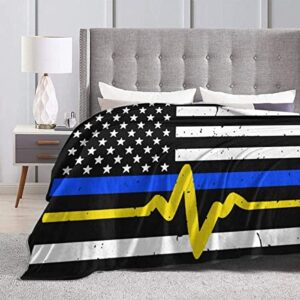 Mapsorting Blankets Flannel Fleece Blanket 911 Dispatcher Thin Blue Gold Line Flag Soft Lightweight Plush Throw Blankets for Women Men Kid Warm Cozy