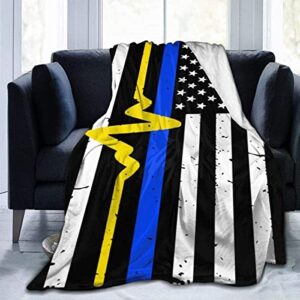 Mapsorting Blankets Flannel Fleece Blanket 911 Dispatcher Thin Blue Gold Line Flag Soft Lightweight Plush Throw Blankets for Women Men Kid Warm Cozy