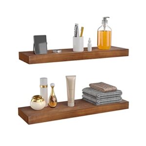 habudda floating shelves for wall decor, bedroom bathroom storage wood shelf, farmhouse rustic home kitchen laundry, wooden hanging mounted plant book display shelf, 2-pack(23.6″×6.7″×1.6″, red brown)