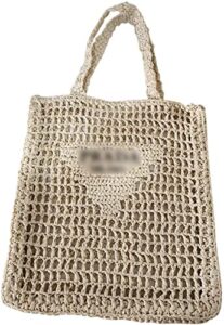 weiwu handmade straw bag,travel beach fishing mesh bag, straw woven bag female pastoral style weaving hollow shoulder bag (beige – with lining bag)