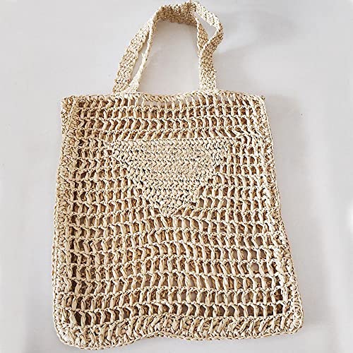 Weiwu Handmade Straw Bag,Travel Beach Fishing Mesh Bag, Straw Woven Bag Female Pastoral Style Weaving Hollow Shoulder Bag (Beige - With lining bag)