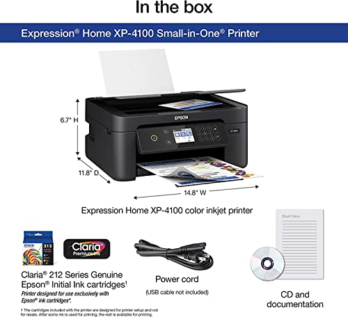 Epson Expression Home XP-4100 All-in-One Wireless Color Inkjet Printer, Black - Print Copy Scan - 10.0 ipm, 5760 x 1440 dpi, 2.4" Color LCD, Auto 2-Sided Printing, Voice-Activated, USB, Wi-Fi Direct