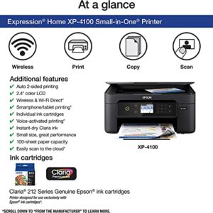 Epson Expression Home XP-4100 All-in-One Wireless Color Inkjet Printer, Black - Print Copy Scan - 10.0 ipm, 5760 x 1440 dpi, 2.4" Color LCD, Auto 2-Sided Printing, Voice-Activated, USB, Wi-Fi Direct