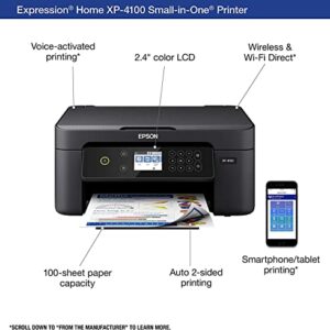 Epson Expression Home XP-4100 All-in-One Wireless Color Inkjet Printer, Black - Print Copy Scan - 10.0 ipm, 5760 x 1440 dpi, 2.4" Color LCD, Auto 2-Sided Printing, Voice-Activated, USB, Wi-Fi Direct